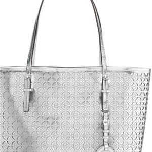 MICHAEL KORS Women's Metallic Mk Flower Perforated Medium Travel Tote Jet Set